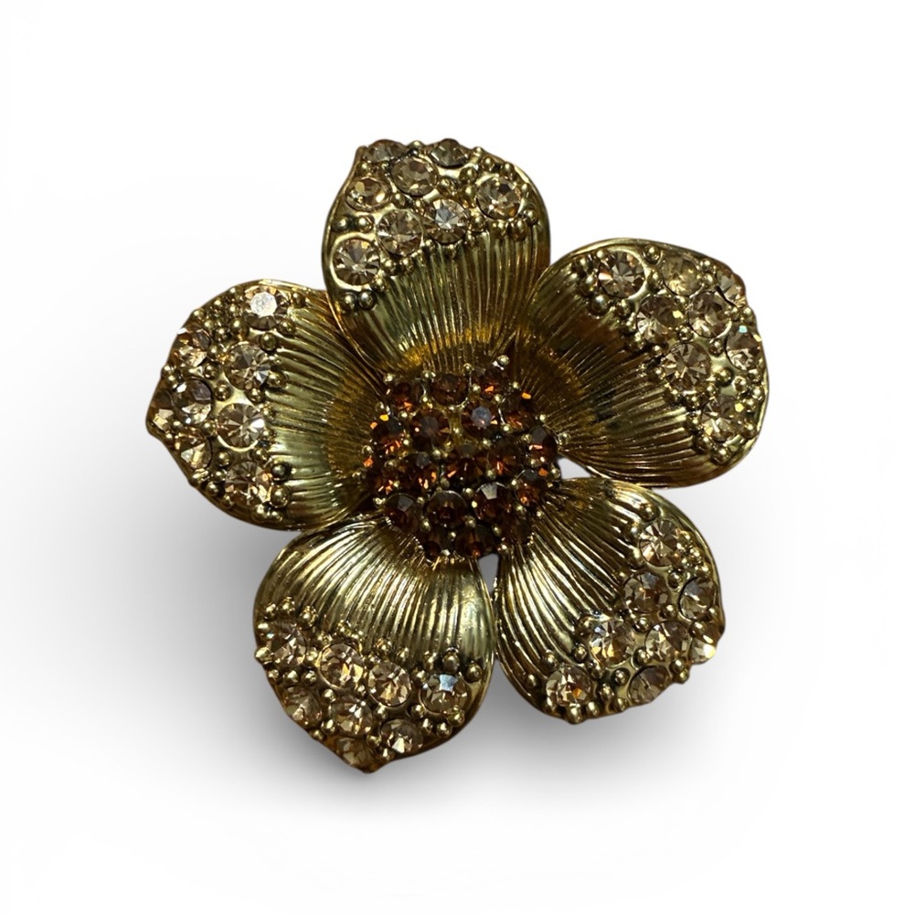 Gold Tone Brown and Clear Rhinestone Flower Brooch